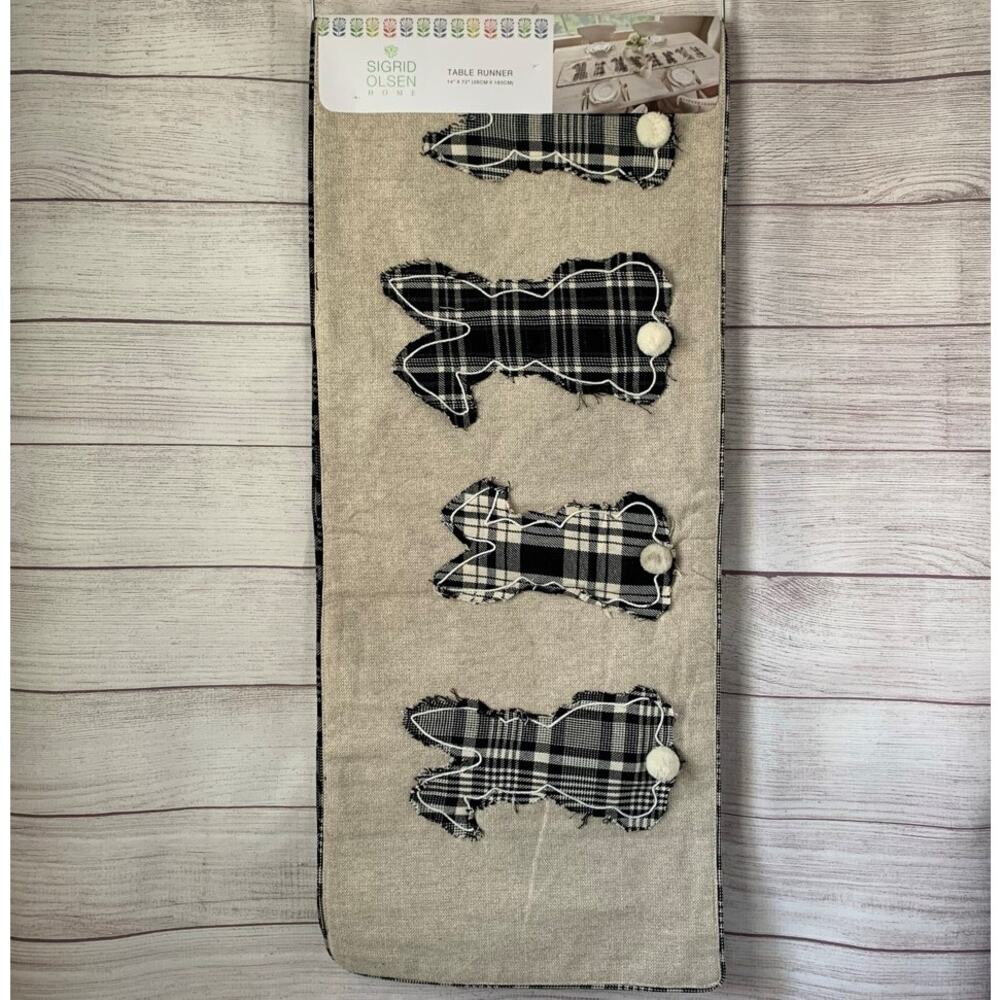 Sigrid Olsen Home Beige and Black Buffalo Plaid Easter Bunny Table Runner 14x72